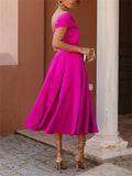 Stunning Off The Shoulder Midi Wedding Guest Dress - Elegant A-line Cocktail Party Dress with Swing Hem - Chic, Sophisticated, and Timeless Style for Women