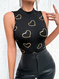 Heart Print Crew Neck Tank Top, Versatile Sleeveless Slim Summer Top, Women's Clothing