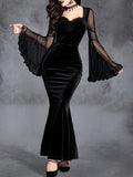Elegant Gothic Velvet Mermaid Dress: Stretchy Polyester Blend, Low Neck, Semi-Sheer, Machine Washable with Contrast Mesh & Ruffle Sleeves