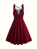 For Spring & Summer, Sleeveless Corset Flared Dress with Crisscross Strap, Punk Women's Clothing