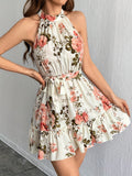 Floral Print Ruffle Hem Dress, Elegant Belted Sleeveless Halter Dress For Spring & Summer, Women's Clothing