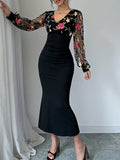 Elegant Women's Contrast Mesh Splicing Bodycon Dress with V Neck and Long Sleeves for Spring & Fall