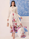Chic Floral Print Long Sleeve Tie Neck Dress - Cinched Waist, Pleated, Comfortable, Versatile for Spring & Fall, Women's Elegant Clothing for Everyday Wear