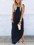 Zjkrl  -  Womens Fashionable Crew Neck Asymmetrical Maxi Dress - Sleeveless & Split Design, Effortlessly Chic for Summer Beach Vacations - A Must-Have Womens Clothing Staple