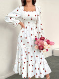 Elegant Women's Floral Print A-line Dress, Long Sleeve Square Neck Ruffle Hem Dress for Spring & Fall