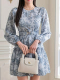 Long Sleeve Elegant A-line Mini Dress, Floral Print Crew Neck Cinched Waist, Women's Clothing for Spring & Fall
