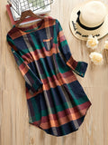 Casual Plaid Print Tunic Dress - Crew Neck, Long Sleeve, Chest Pocket, Cotton Blend, No Elasticity, All-Season Wear for Women