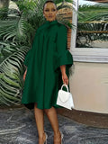 Plus Size Button Front Solid Dress, Elegant Mock Neck Ruffle Cuff 3/4 Sleeve Dress, Women's Plus Size Clothing