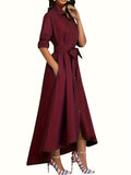 Stylish Tie Waist A-Line Shirt Dress - Elegant Long Sleeve, Button Front, Fall & Winter Essential - Comfortable, Versatile, and Chic Women's Clothing for Everyday Wear