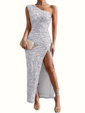Glamorous Sequined One-Shoulder Gown - Thigh-High Slit, Tailored Fit - Ideal for Parties & Galas