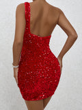 Glittering Sequined One Shoulder Bodycon Dress - Flattering Slim Fit for Nightlife & Parties - Fashionable Womens Mini Dress