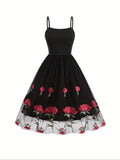 Vintage-Inspired Fitted Cocktail Dress - Elegant Spaghetti Strap, Floral Embroidery, Knit Fabric, Mesh Overlay, 100% Polyester, All-Season Wear, Embroidered, Fitted Silhouette, Comfortable, Party-Perfect - Ideal for Women's F