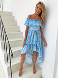 Floral Print Dipped Hem Dress, Vacation Off Shoulder Ruffle Trim Dress, Women's Clothing
