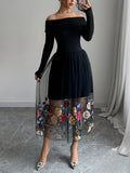 1pc Elegant Off-Shoulder Floral Embroidery Mesh Panel Summer Dress for Women, Polyester Knit Fabric, All-Season Fashion