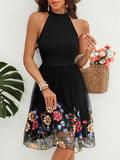 Elegant Women's Floral Pattern Halter Neck A-line Dress, Sleeveless Cut Out Design, Perfect for Various Occasions