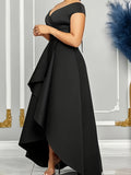 Plus Size Elegant V-Neck Asymmetrical Ruffle Dress - Soft Polyester Knit Fabric with Slight Stretch, Solid Color, All-Season Style, Flattering Fit, Comfortable Wear, Easy Care, and Versatile Occasion Wear