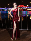 Elegant One Shoulder Velvet Cut Out Dress, Sleeveless Ruched Split Thigh Evening Gown for Party & Banquet, Women's Clothing