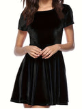 Elegant Velvet Dress - Fitted Solid Waist, Ruffled Hem, Short Sleeves, Classic Crew Neck - Exuding Sophistication, Designed for Womens Clothing