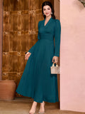 Solid V Neck Dress, Elegant Long Sleeve Shirred Waist Dress, Women's Clothing