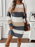 Women's Color Block Fuzzy Knitted Mini Dress - Elegant Drop Shoulder, Lantern Sleeve, Crew Neck, Perfect for Fall & Winter Season