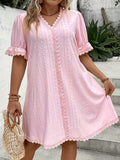 Plus Size Elegant V Neck Tunic Dress - Lace Stitching, Semi-Sheer, Slight Stretch, Solid Color, All-Season, Knit Fabric - Perfect for Spring & Summer, Womens Plus Size Clothing