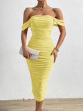 Elegant Off-The-Shoulder Ruched Bodycon Dress - High-Elasticity, Skin-Tight, Solid-Colored, Knit Fabric, Hand-Washable, Perfect for Party, Banquet, and Vacation - Womens All-Season Clothing
