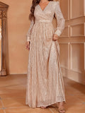 Elegant Sequin V-Neck Maxi Dress with High Waist - Long Sleeve, Floor-Length Evening Gown for Women