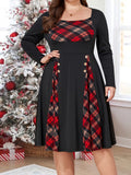 Plus Size Retro Dress, Women's Plus Colorblock Plaid Print Button Decor Long Sleeve Square Neck A-line Dress