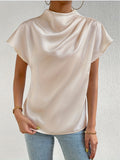Elegant Solid Pleated Blouse - Chic Mock Neck, Short Sleeves, Back Keyhole Detail, Breathable Fabric, Perfect for Spring & Summer, Women's Fashion Clothing
