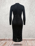 Elegant Solid Color High Neck Cut Out Knit Dress - Semi-Sheer, Mid Elasticity, Long Sleeve, Polyester Fabric, Perfect for Spring and Summer - Womens Sexy and Chic Clothing