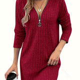 Zjkrl  -  Stylish Women's Solid Color Ribbed Dress - V-Neck, Long Sleeve, High Stretch, Machine Washable, Perfect for Fall/Winter
