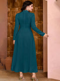 Solid V Neck Dress, Elegant Long Sleeve Shirred Waist Dress, Women's Clothing