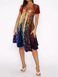 Abstract Print Color Block Dress, Boho V Neck Short Sleeve Dress, Women's Clothing