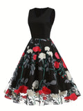 Adult Women's All-Season Vintage Floral Print Embroidered V-Neck Polyester Blouse Dress