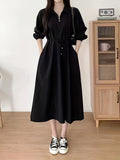 Stylish Solid Color Tie Waist Midi Dress - Women's Long Sleeve Pocket Dress for Spring & Fall - Korean Inspired, Zip Up Collared, Comfortable and Versatile Clothing for Ladies
