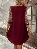Zjkrl  -  Three-quarter Illusion Sleeve Floral Dress, Casual Keyhole Crew Neck Loose Dress, Women's Clothing