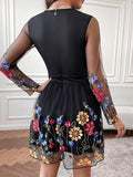 Elegant Semi-Sheer Embroidered Crew Neck Fit and Flare Dress - Micro Elastic Polyester Long Sleeve A-Line Dress for Spring and Fall - Womens Elegant Clothing for Adult