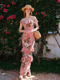 Floral Print Ruffle Trim Off Shoulder Dress, Elegant Stylish Slim Fit Maxi Dress For Spring & Summer, Women's Clothing