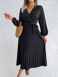 Elegant Micro-Elastic Tunic Dress – Solid Pleated V-Neck with Lantern Sleeves & Belt, Perfect for Adult Women's Fall/Winter Fashion