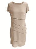 Layered Trim Crew Neck Dress, Elegant Short Sleeve Dress For Spring & Summer, Women's Clothing