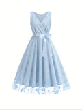 Stunning Floral Embroidered A-Line Tank Dress - Elegant Surplice Neck Sleeveless Party Dress for Women - Perfect for Banquet, Wedding, and Formal Occasions with Tie Waist Detail