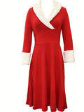 Vintage Inspired Midi Dress - Soft Fuzzy Spandex V Neck Party Dress for Women - Winter Solid Color Knit Fabric Pendulum Style with Micro Elasticity