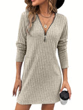 Women'S Solid Color Ribbed Dress, Polyester, Deep V-Neck, Knit Fabric, Fitted, Adult, Autumn/Winter Fashion, Casual Style