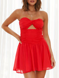 Solid Cut Out Ruched Tube Dress, Elegant Criss Cross Shirred Mini Dress For Club & Party, Women's Clothing