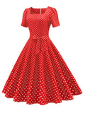 Summer Vintage Chic Polka Dot Dress – Elegant Square Neck, Knee-High with Belt, Breathable Cotton Blend – Easy Care