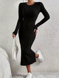 Elegant Long Sleeve Crew Neck Dress - Versatile Ribbed Knit with Split Hem, Perfect for Women in Fall & Winter