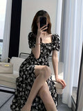 Stunning Floral Print Square Neck Dress - Elegant Women's Short Sleeve Dresses for Summer - Vibrant, Comfortable, and Chic Clothing for Ladies