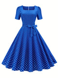 Summer Vintage Chic Polka Dot Dress – Elegant Square Neck, Knee-High with Belt, Breathable Cotton Blend – Easy Care