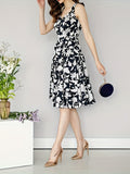 Knee-Length Elegant Floral Sleeveless Midi Dress - V-Neck Ruffle Hem Polyester Perfect for Spring/Fall Occasions
