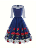 Vintage Chic Rose Embroidered Cocktail Dress - Fitted, Crew Neck, Tea-Length, 100% Polyester Knit Fabric, Elegant 50s Style, All-Season Wear, Embroidery Floral Pattern, High-Quality Stitching, Comfortable Fit, Ideal for Forma